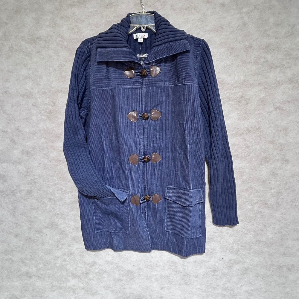 Denim & Co Blue Corduroy Toggle Jacket‎ Ribbed Knit Sleeves Womens Medium